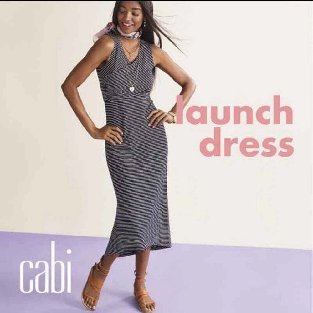 Cabi Launch Dress M Navy White Stripe Midi 5610 Ruched Wrap Stretch Knit Preppy